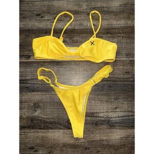 Boutine X Los Angeles Bikini Set Yellow Thong Adjust Straps Beach Swim Small 1B